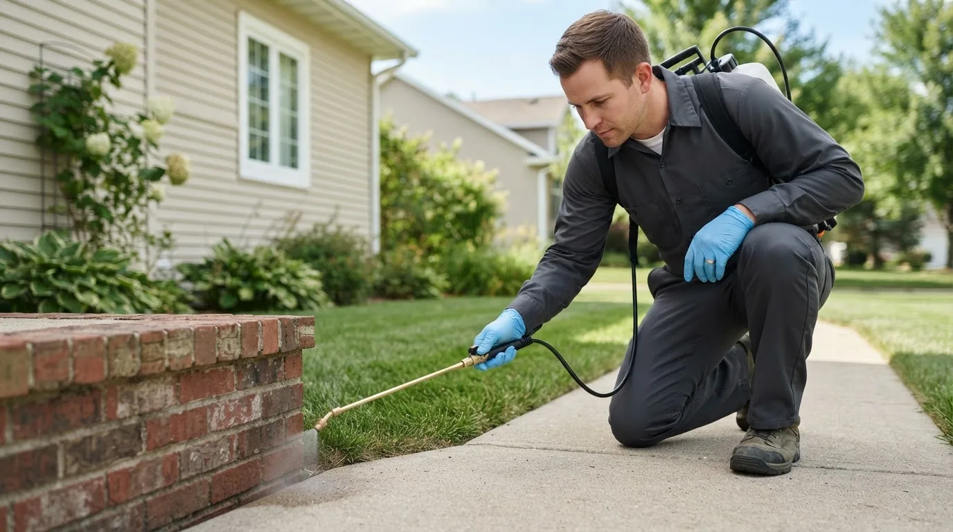 Pest control technician treating a home near Kersey, PA